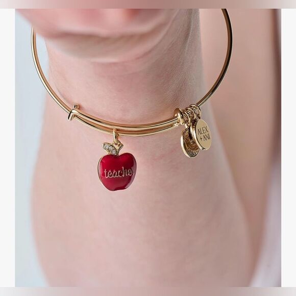 Alex and Ani Expandable Teacher Appreciation Shiny Gold Bangle Red Accents NWT - Picture 2 of 5